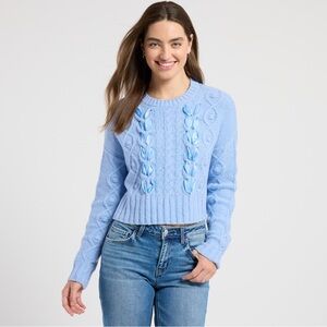 Pink Rose Women Light Blue Cable Knit Ribbon Lace-Up Crewneck Cropped Sweater S